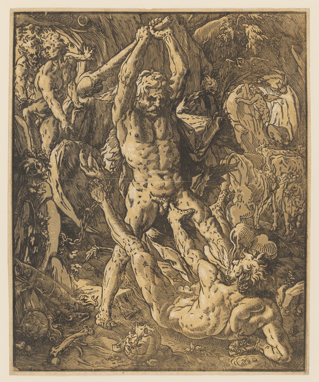 Hercules doodt Cacus door Hendrik Goltzius