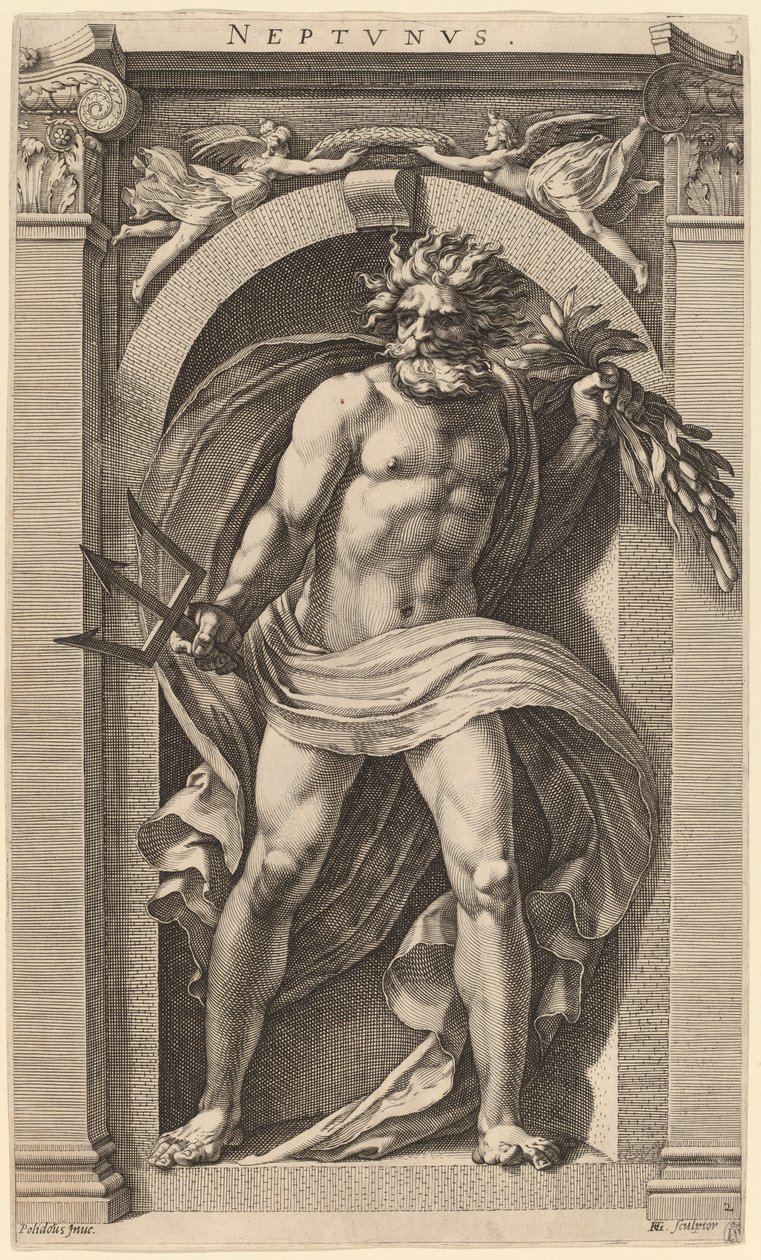 Neptunus door Hendrik Goltzius after Polidoro da Caravaggio