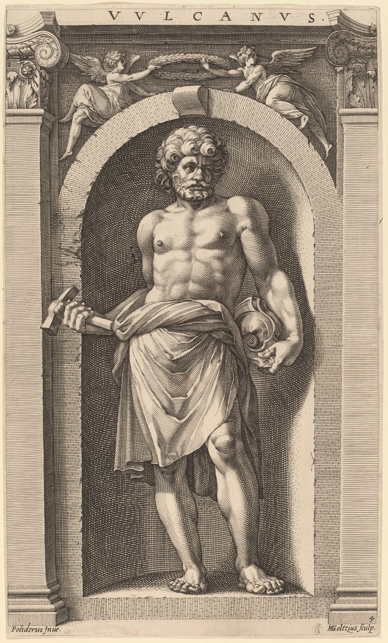 Vulcanus door Hendrik Goltzius after Polidoro da Caravaggio