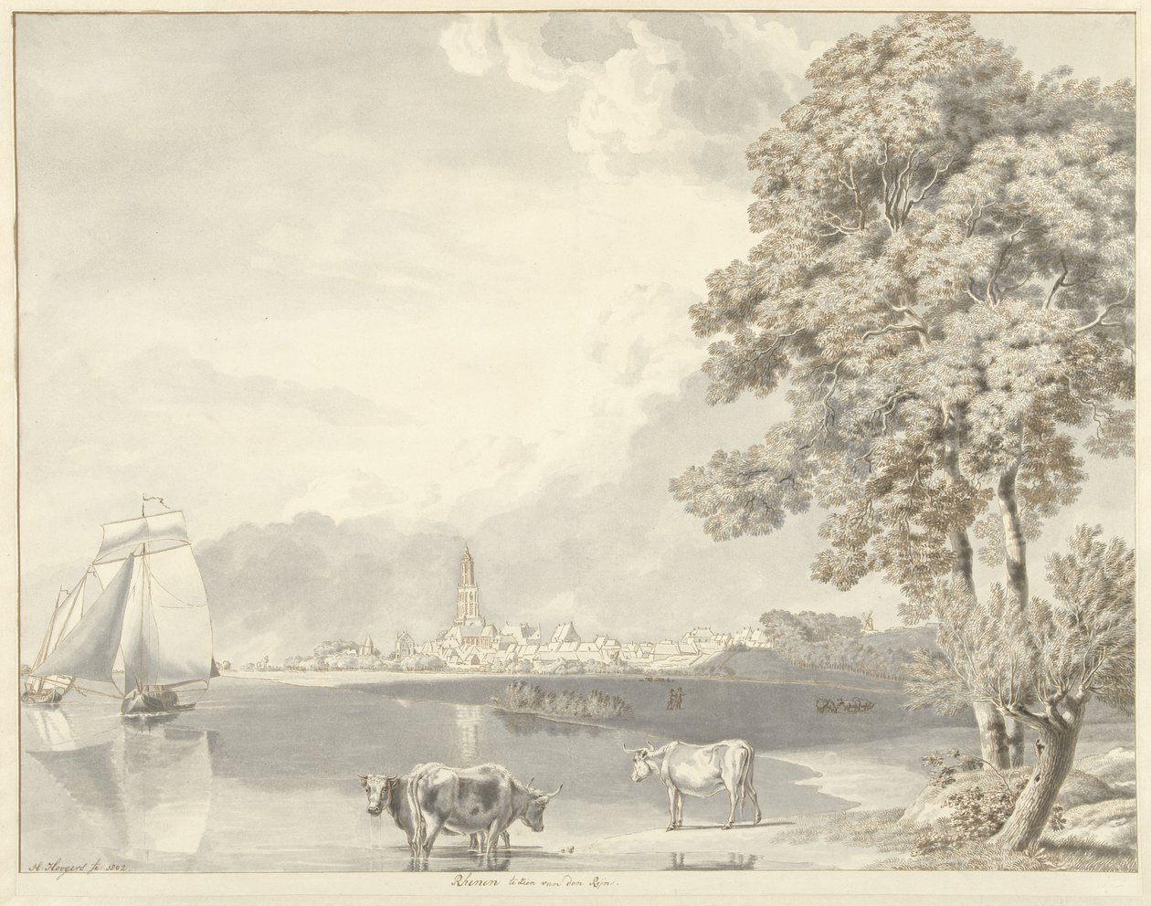 Gezicht over de Rijn op Rhenen door Hendrik Hoogers