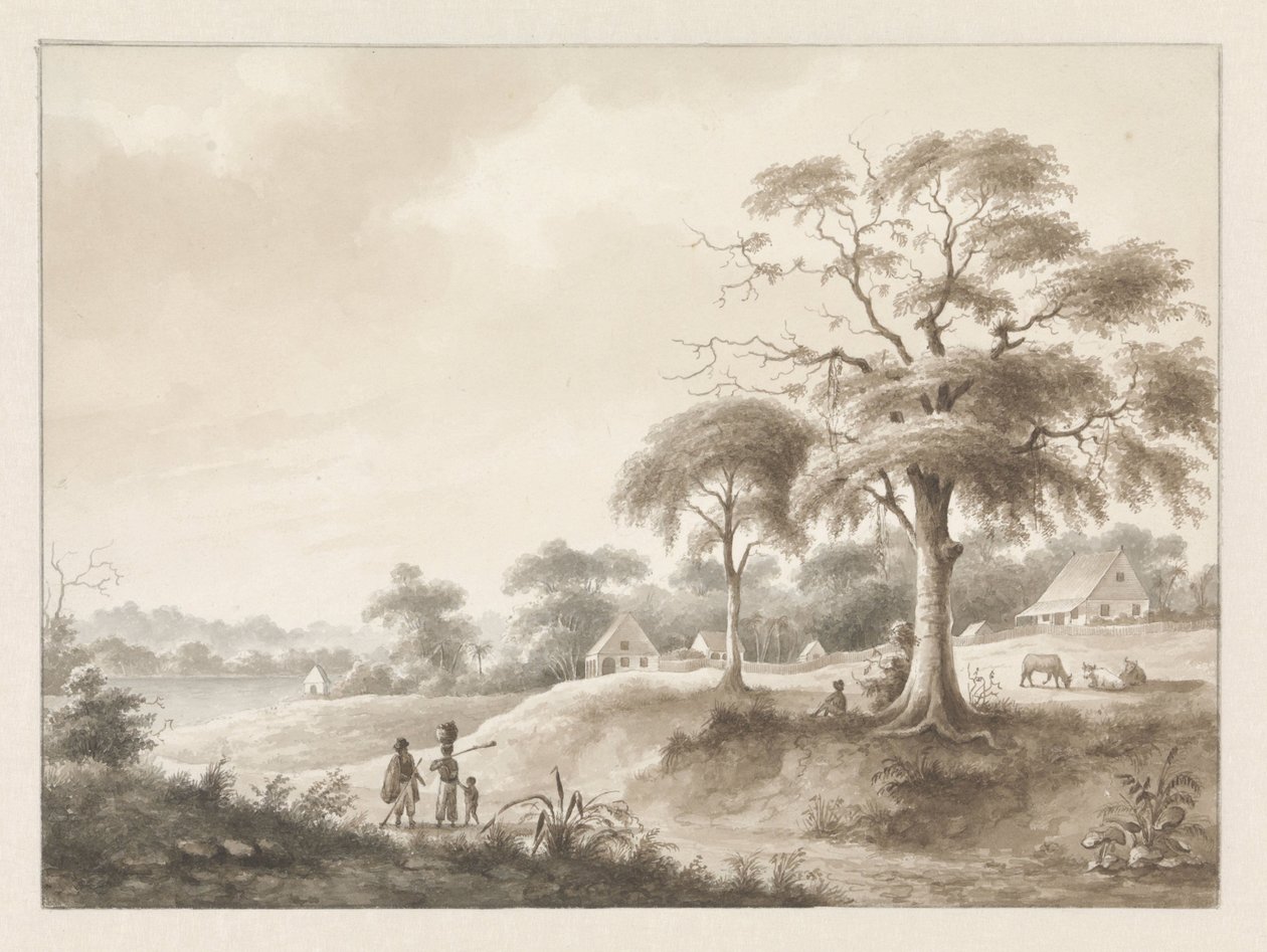 Huizen bij een rivier door Hendrik Huygens