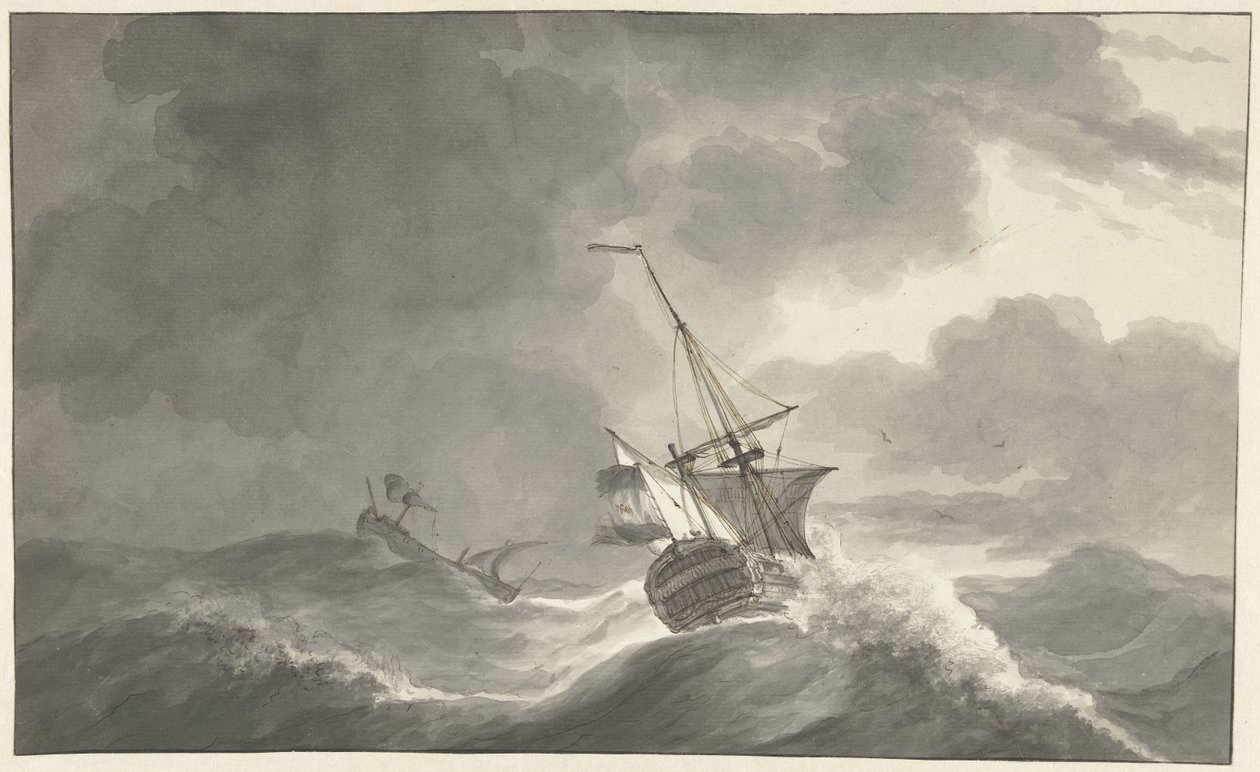 Twee schepen op zee bij storm door Hendrik Kobell
