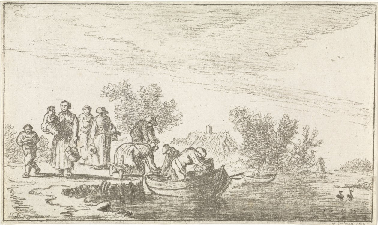Riviergezicht met aangemeerde roeiboot door Hendrik Spilman