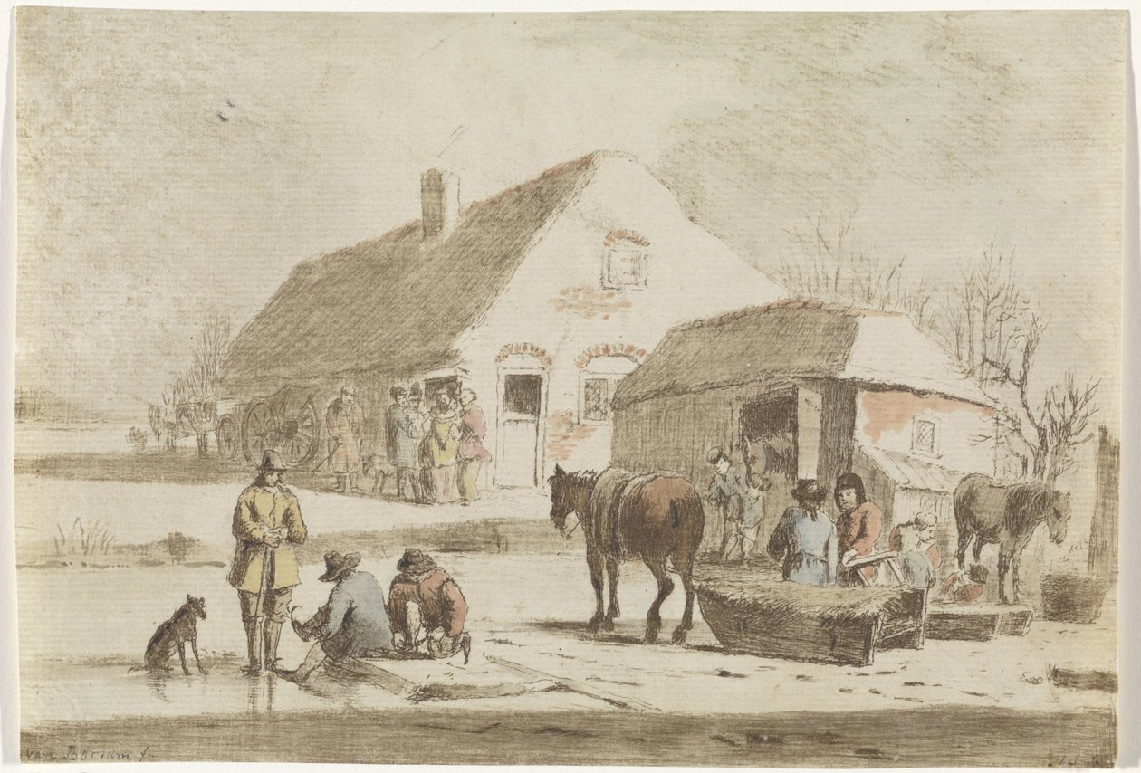 Schaatsenrijders en een slede bij een boerderij door Hendrik Spilman