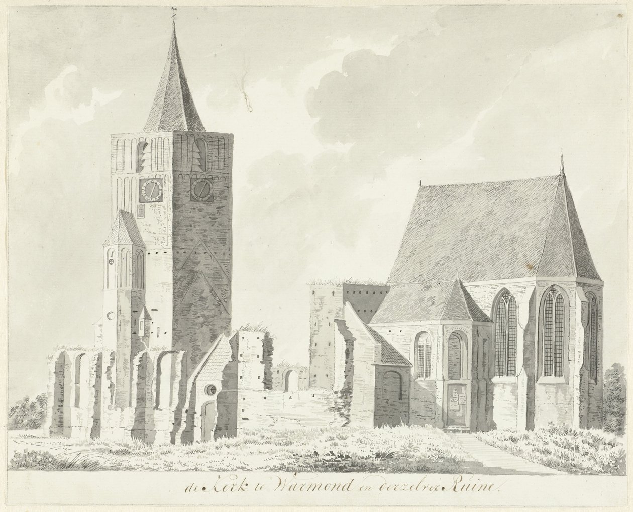 Kerk te Warmond en de ruïne daarvan door Hendrik Tavenier