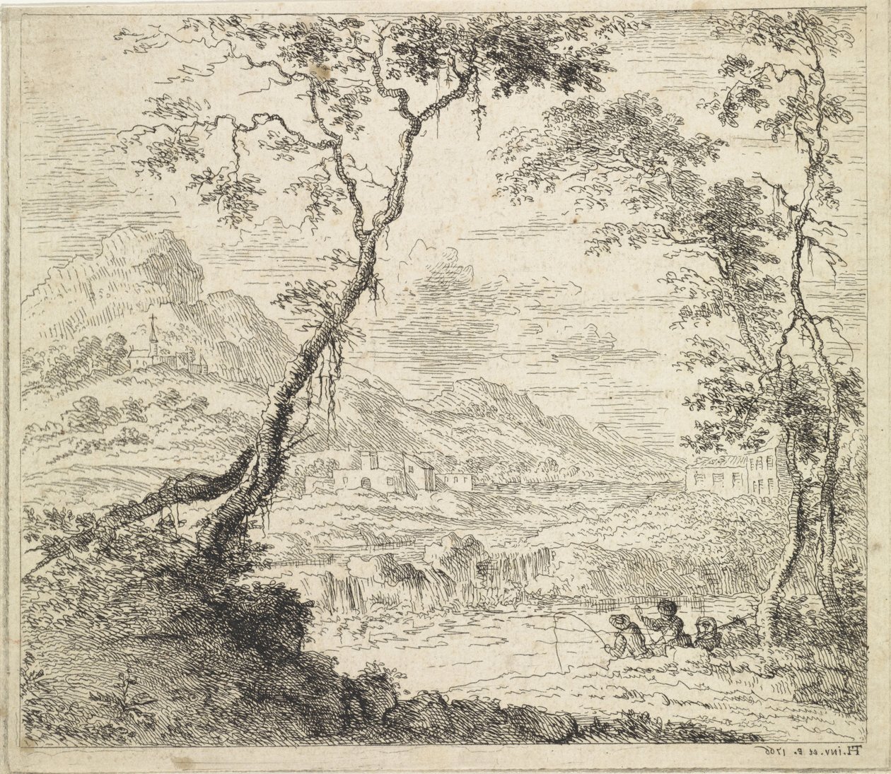 Landschap met vissers bij een rivier door Hendrik Tavenier