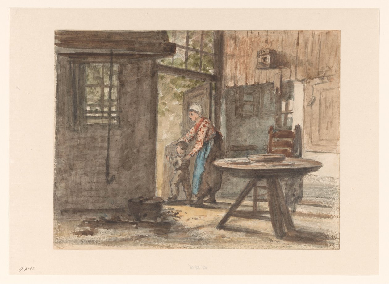 Handwerkende vrouw en kind door Hendrik Valkenburg