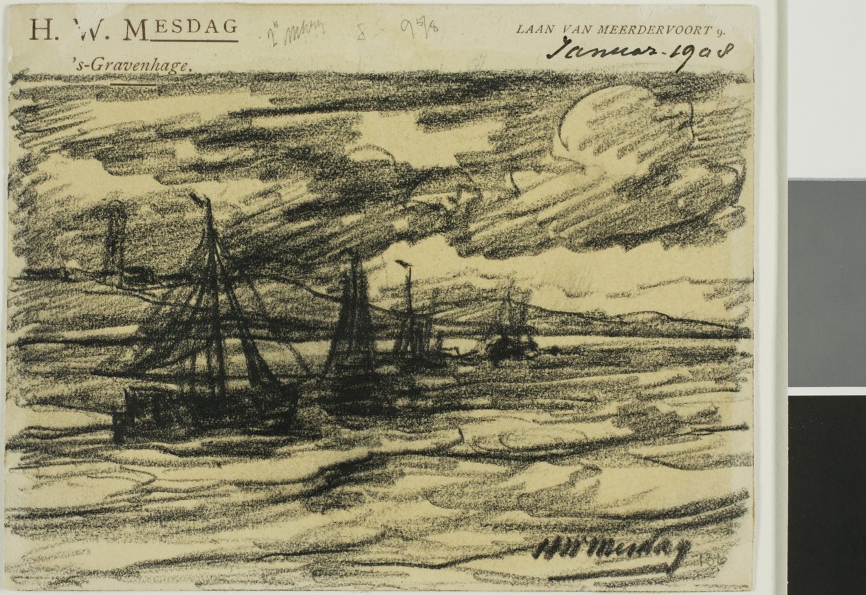 Schepen op zee door Hendrik Willem Mesdag