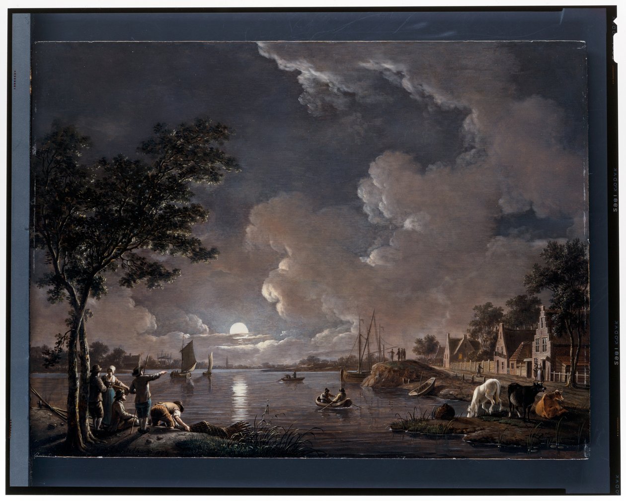 Een rivierlandschap bij maanlicht door Hendrik Willem Schweickhardt