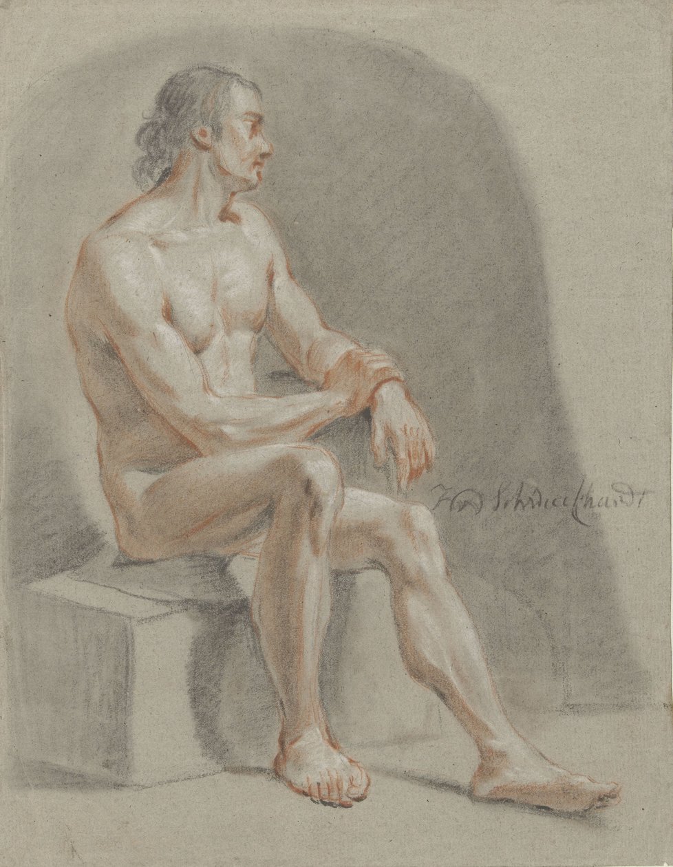 Mannelijk naakt, zittend, naar rechts door Hendrik Willem Schweickhardt