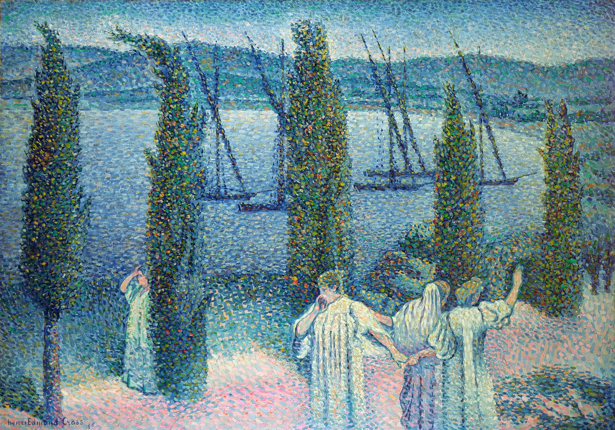 Kustzicht met cipressen, 1896 door Henri Edmond Cross