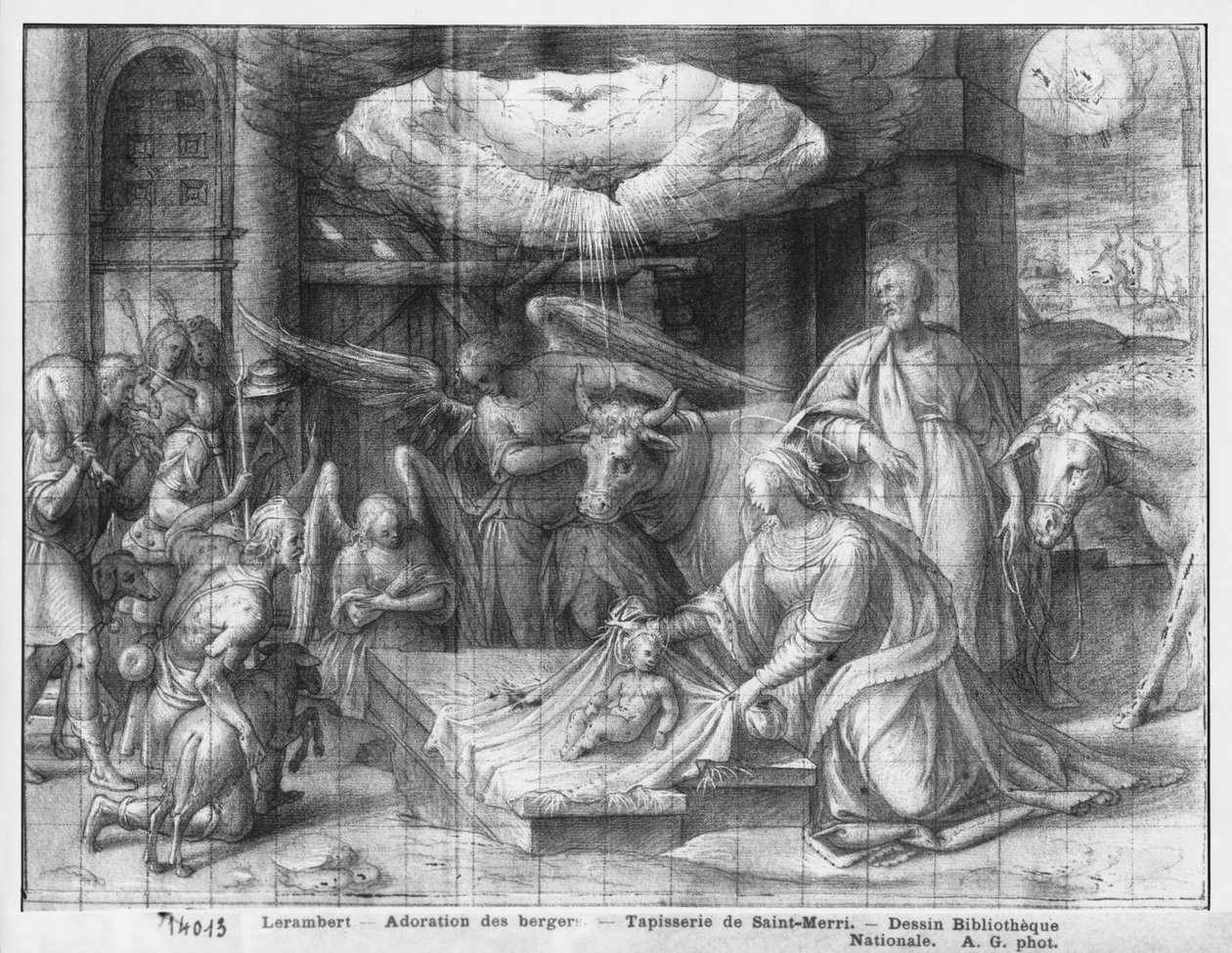 Leven van Christus, Aanbidding van de herders, voorbereidende studie van tapijtkarton voor de Kerk Saint-Merri in Parijs, ca. 1585-90 door Henri Lerambert