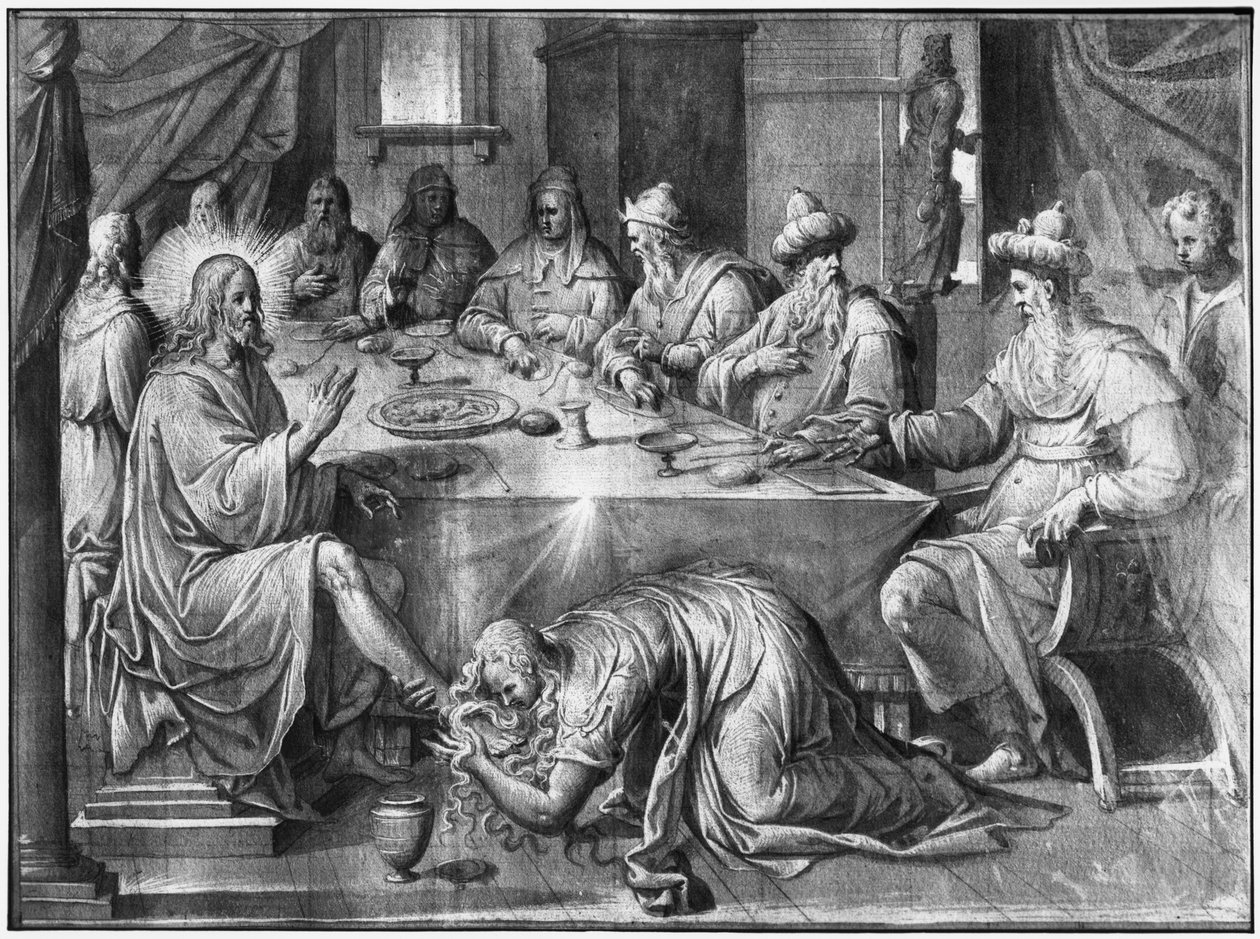 Leven van Christus, de maaltijd in het huis van Simon de Farizeeër, voorbereidende studie van tapijtkarton voor de kerk Saint-Merri in Parijs, c.1585-90 door Henri Lerambert
