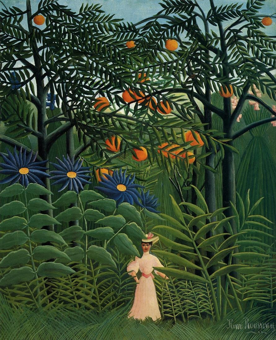 Vrouw wandelend in een exotisch bos door Henri Rousseau