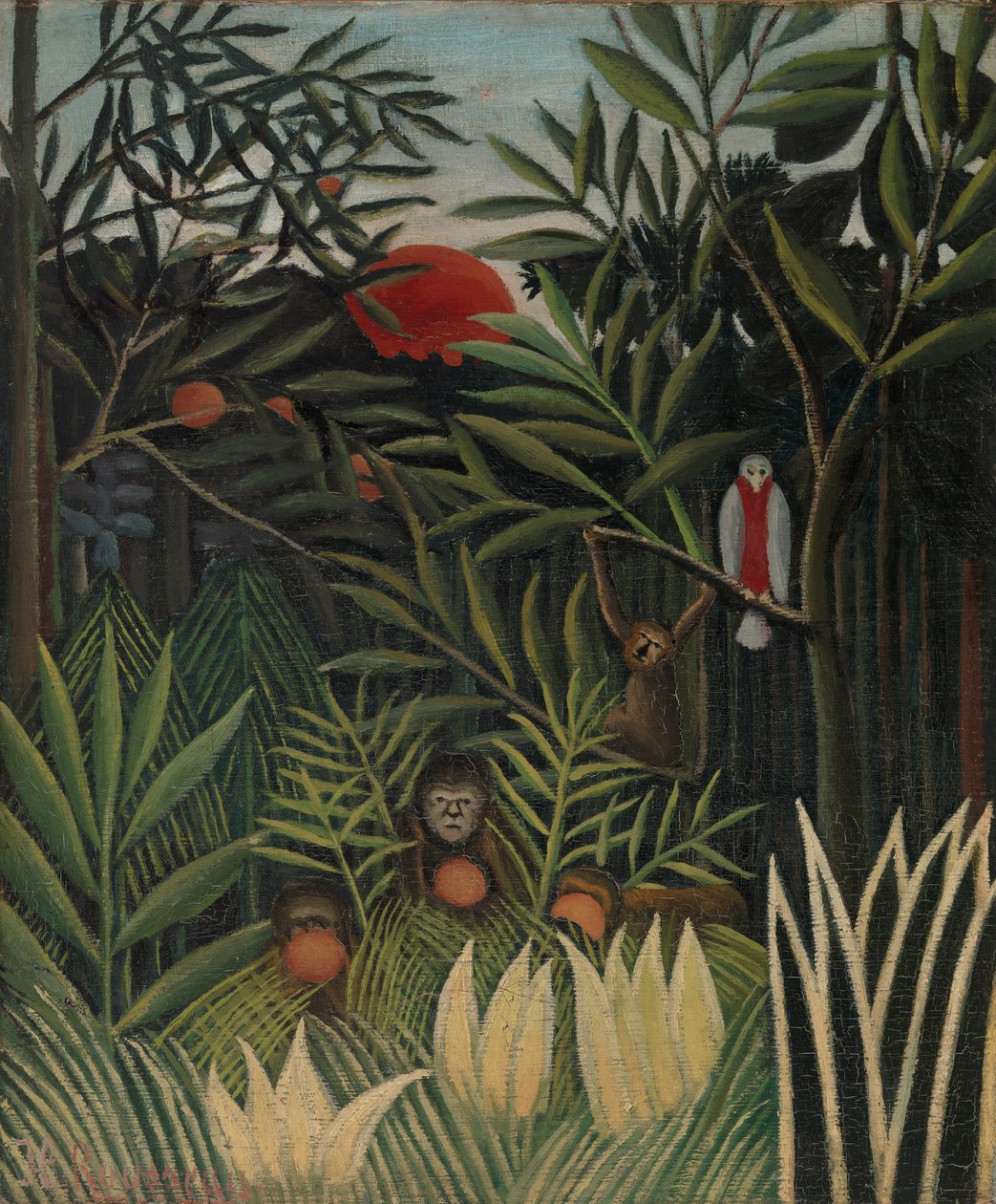 Apen en papegaai in het oerwoud (Singes et perroquet dans la forêt vierge) door Henri Rousseau