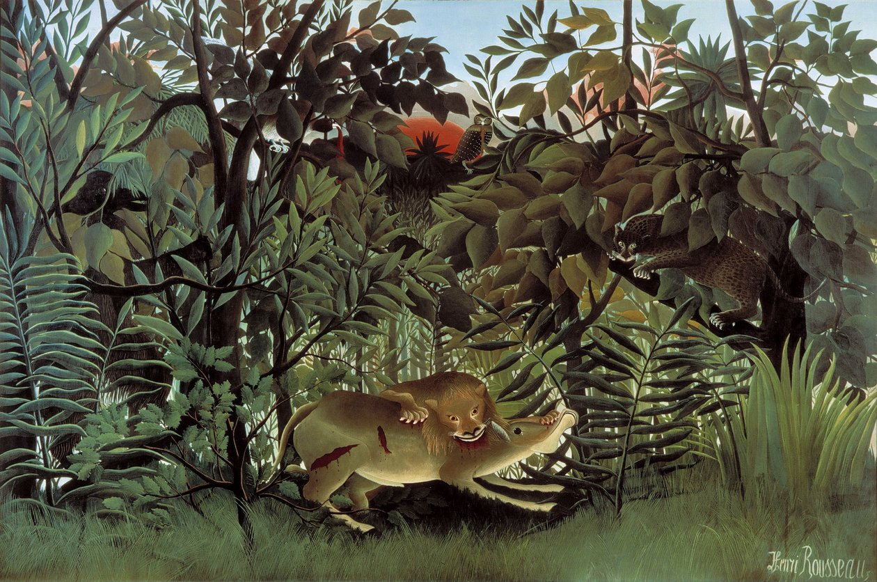 De hongerige leeuw die een antilope aanvalt door Henri Rousseau