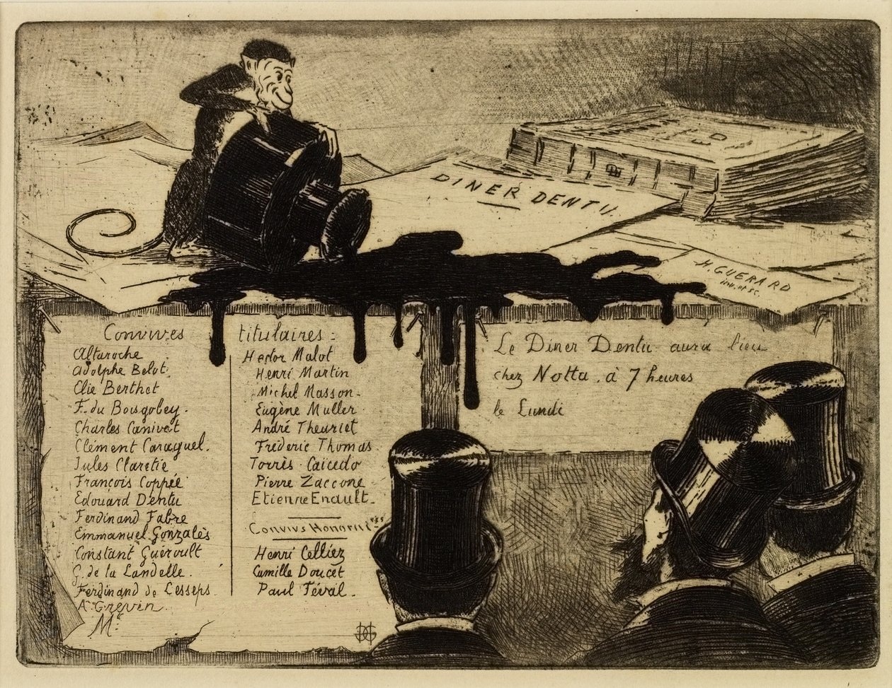 Aap die een inktpot omverwerpt, 1881 door Henri Charles Guérard