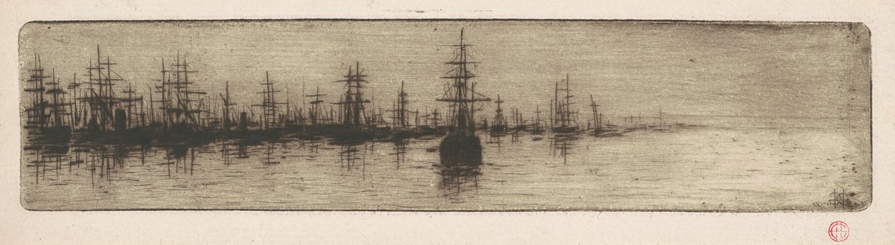 Hoge schepen in een haven door Henri Charles Guérard