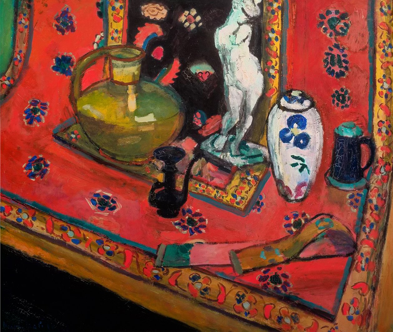Beeldje en vazen op een oosters tapijt door Henri Matisse