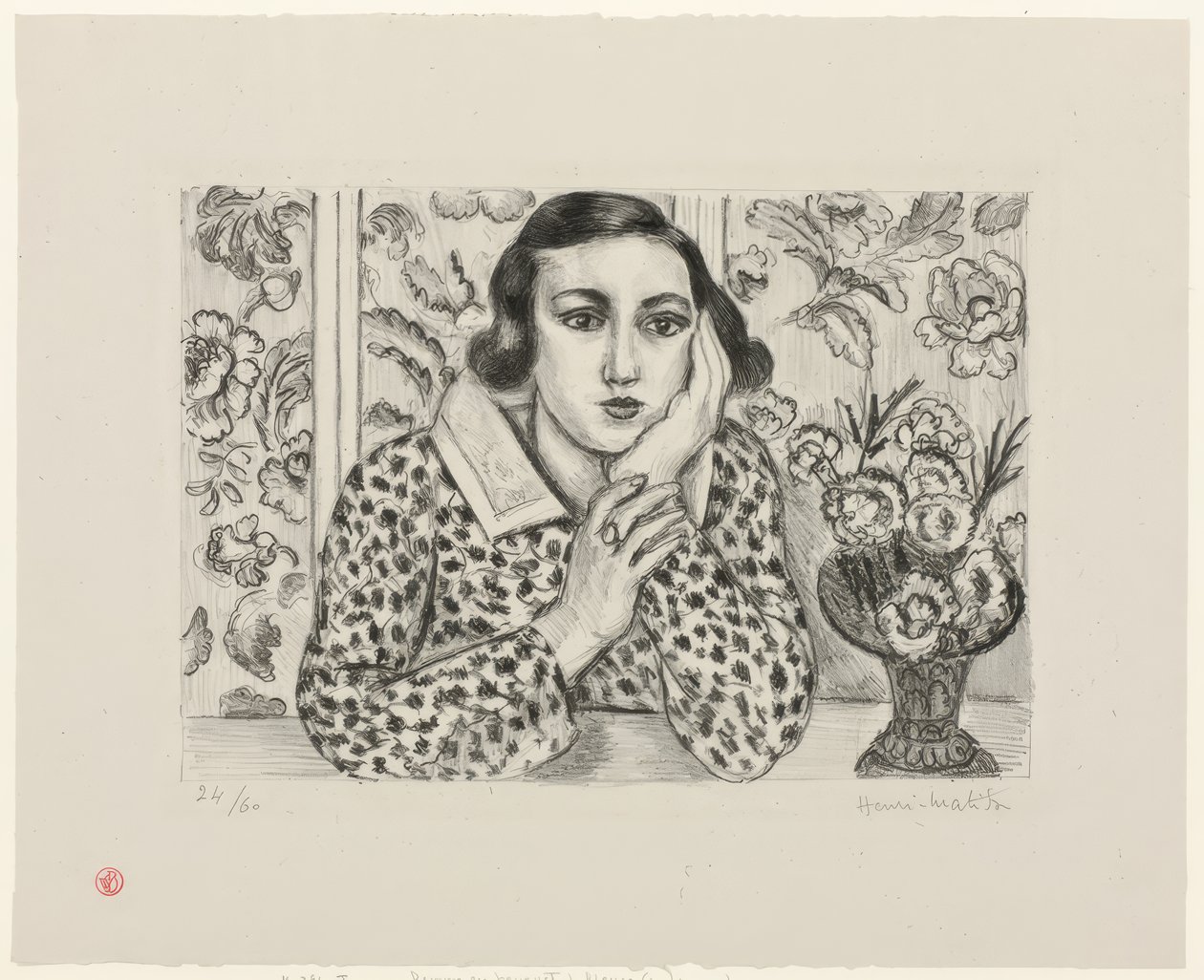 Jong meisje leunend bij gebloemd scherm door Henri Matisse