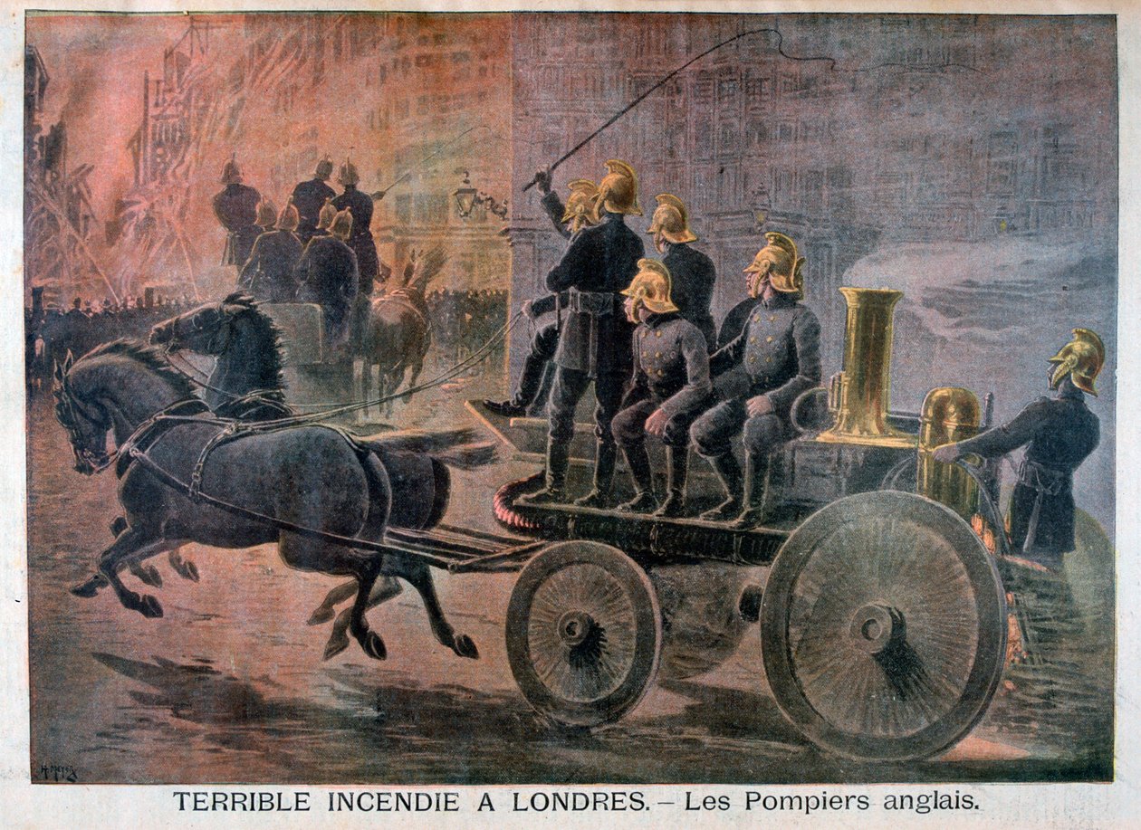 Engelse brandweermannen op weg naar een noodgeval, 1897 door Henri Meyer