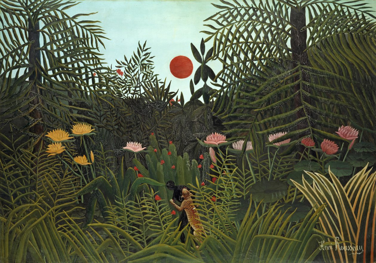 Zwarte persoon aangevallen door een jaguar, 1910 door Henri Rousseau