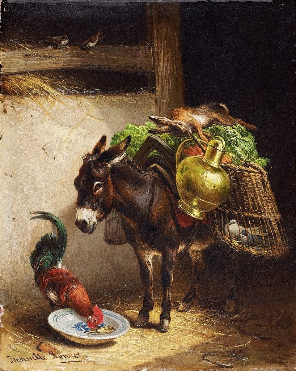 Ezel en haan in de stal door Henriëtte Ronner Knip