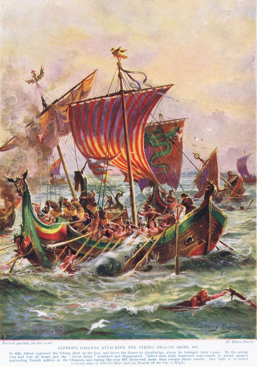 De Galleien van Alfred vallen de Viking Drakenschepen aan, 897 AD, illustratie uit 