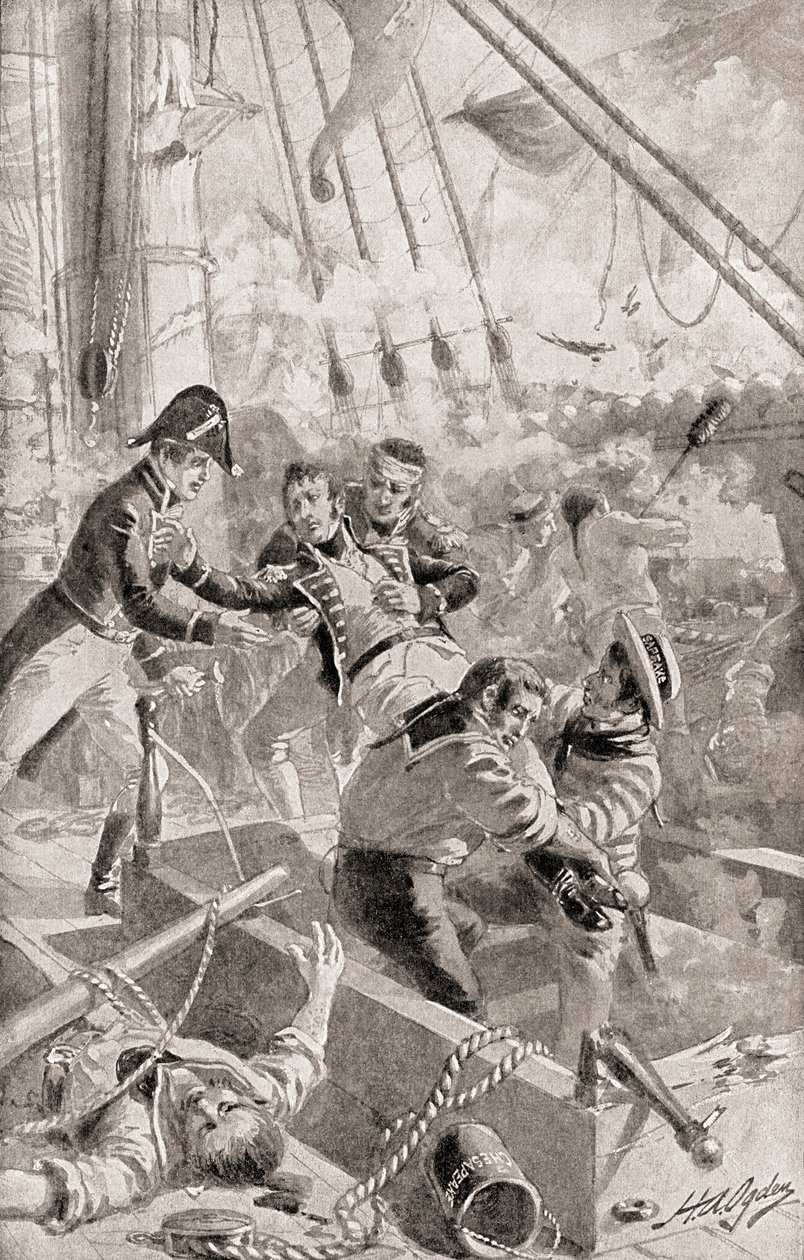 kapitein James Lawrence die zijn laatste woorden of stervende bevel uitspreekt, Geef het schip niet op!, uit De Geschiedenis van Ons Land, gepubliceerd 1905 door Henry Alexander Ogden