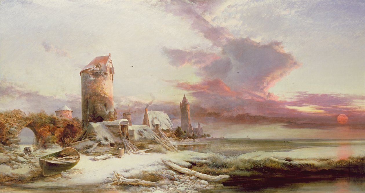 Winterzonsondergang aan de Norfolk kust door Henry Bright