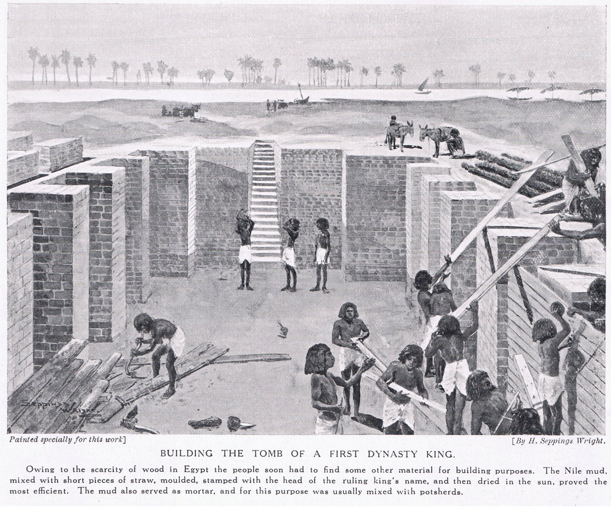 Bouw van het graf van een koning uit de eerste dynastie, ca. 1920 door Henry Charles Seppings Wright