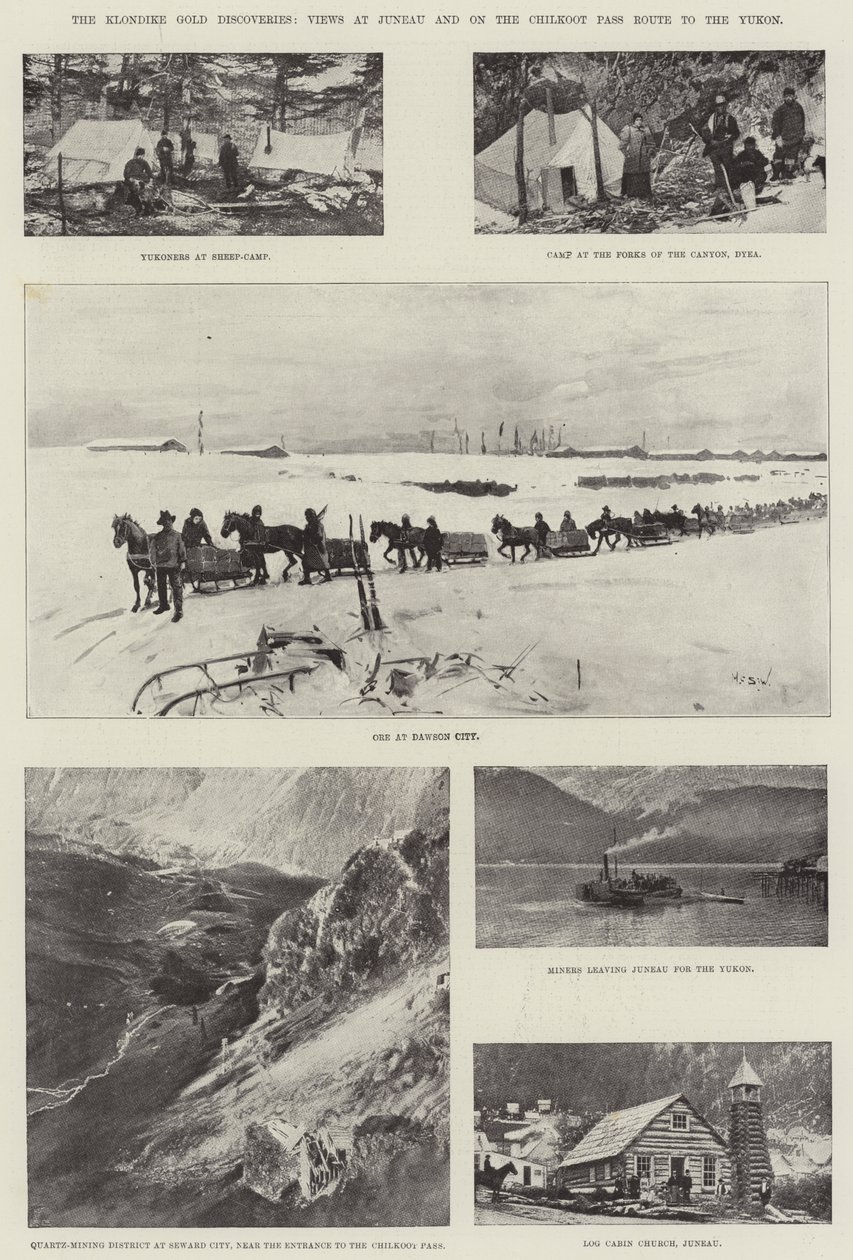 De Klondike goudontdekkingen, uitzichten in Juneau en op de Chilkoot Pass Route naar de Yukon door Henry Charles Seppings Wright