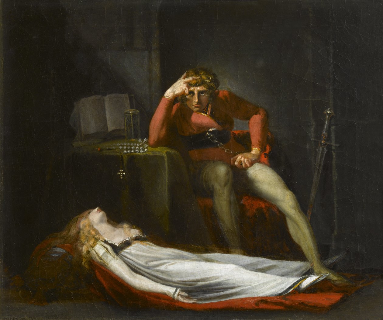 Het Italiaanse Hof, of Ezzelier, Graaf van Ravenna peinzend over het lichaam van Meduna, door hem gedood wegens ontrouw tijdens zijn afwezigheid in het Heilige Land, ca. 1780 door Johann Heinrich Füssli