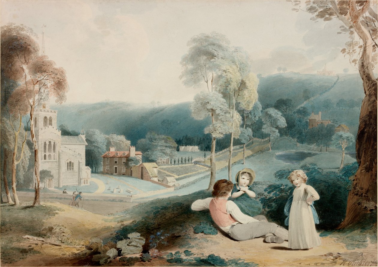 Kinderen in Landschap met Kerk door Henry James Richter