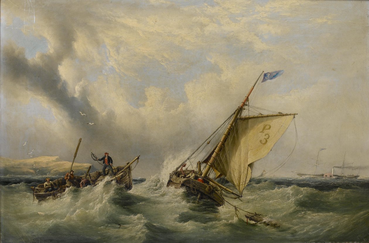 Loodssnijder nr. 3 met een roeiboot die langszij komt en een raderstoomboot in de verte door Henry King Taylor