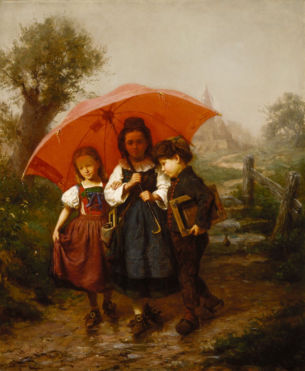 Kinderen onder een rode paraplu door Henry Mosler