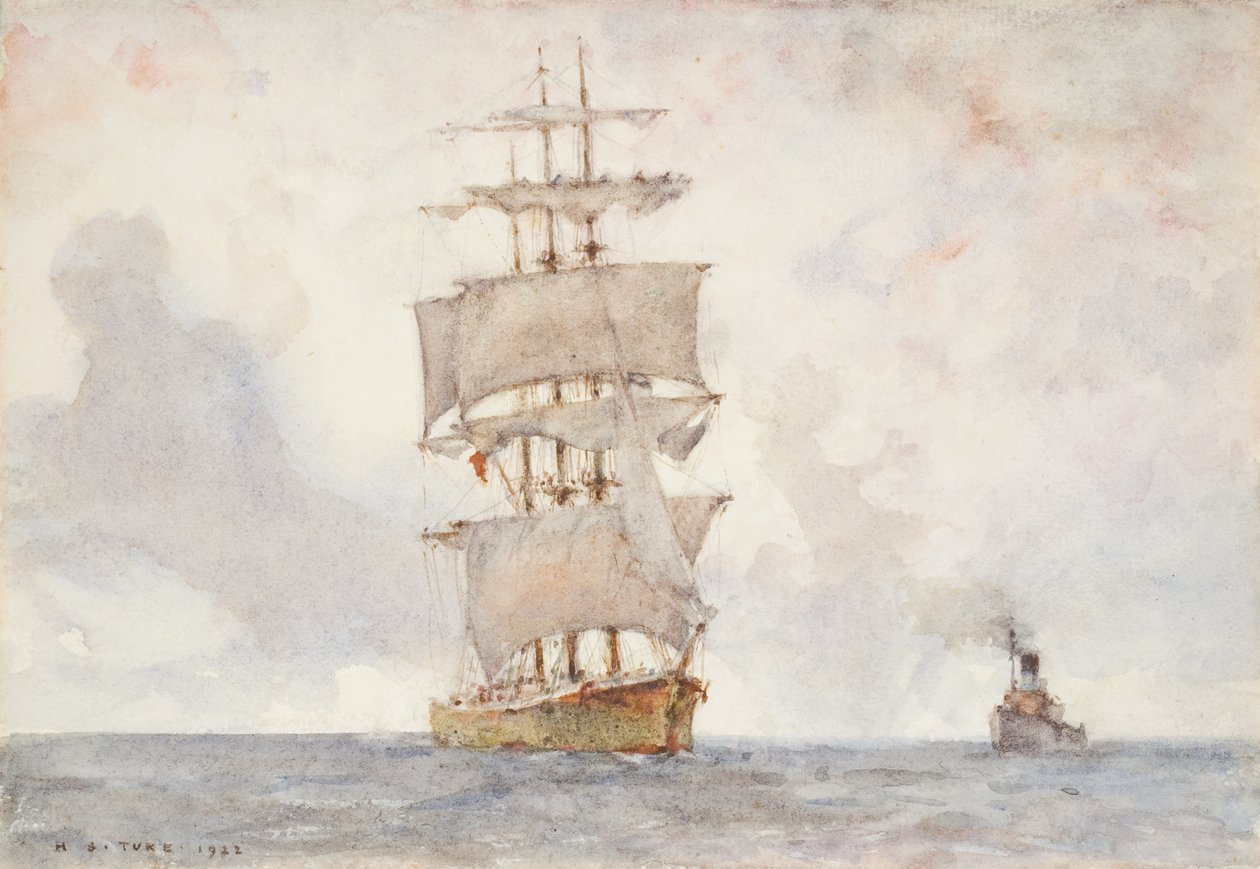 Bark en sleepboot, 1922 door Henry Scott Tuke