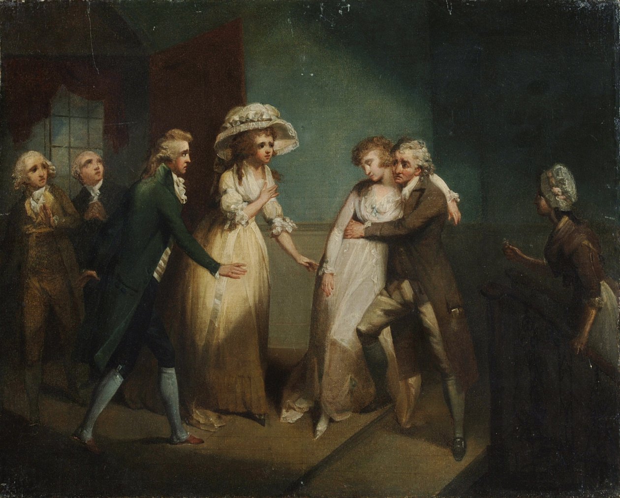 Camilla flauwvallend in de armen van haar vader, illustratie van een scène uit 