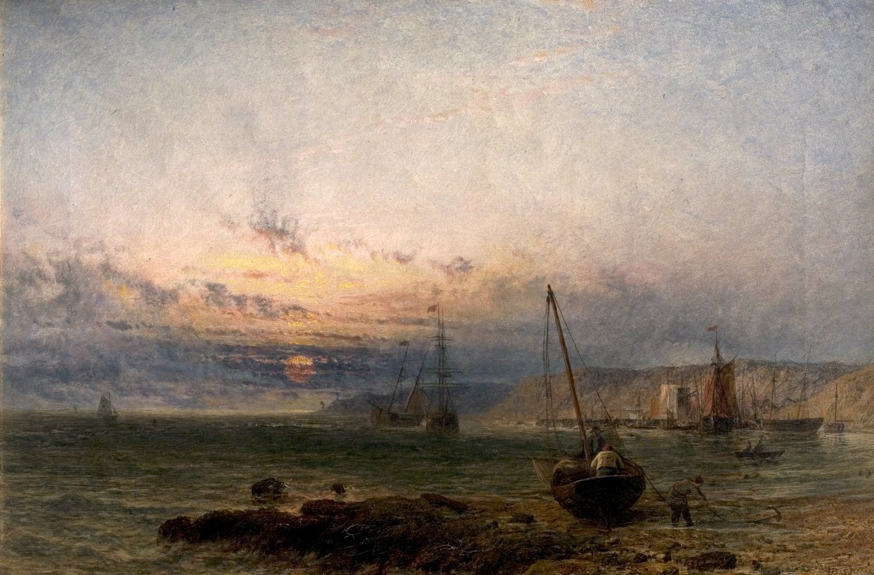 Kustscène, Zonsondergang, 1852 door Henry Dawson
