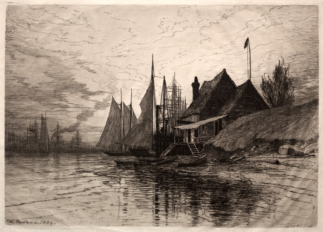 Avond, New York Haven door Henry Farrer
