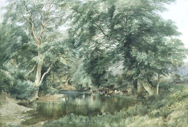 Landschap met Herten die uit een Rivier Drinken door Henry Jutsum
