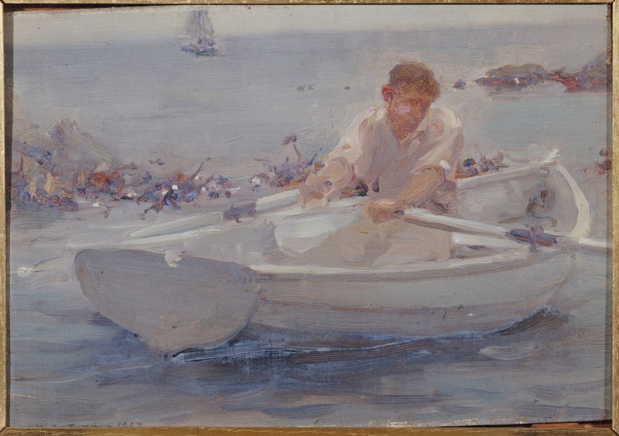 Man in een roeiboot, 1907 door Henry Scott Tuke