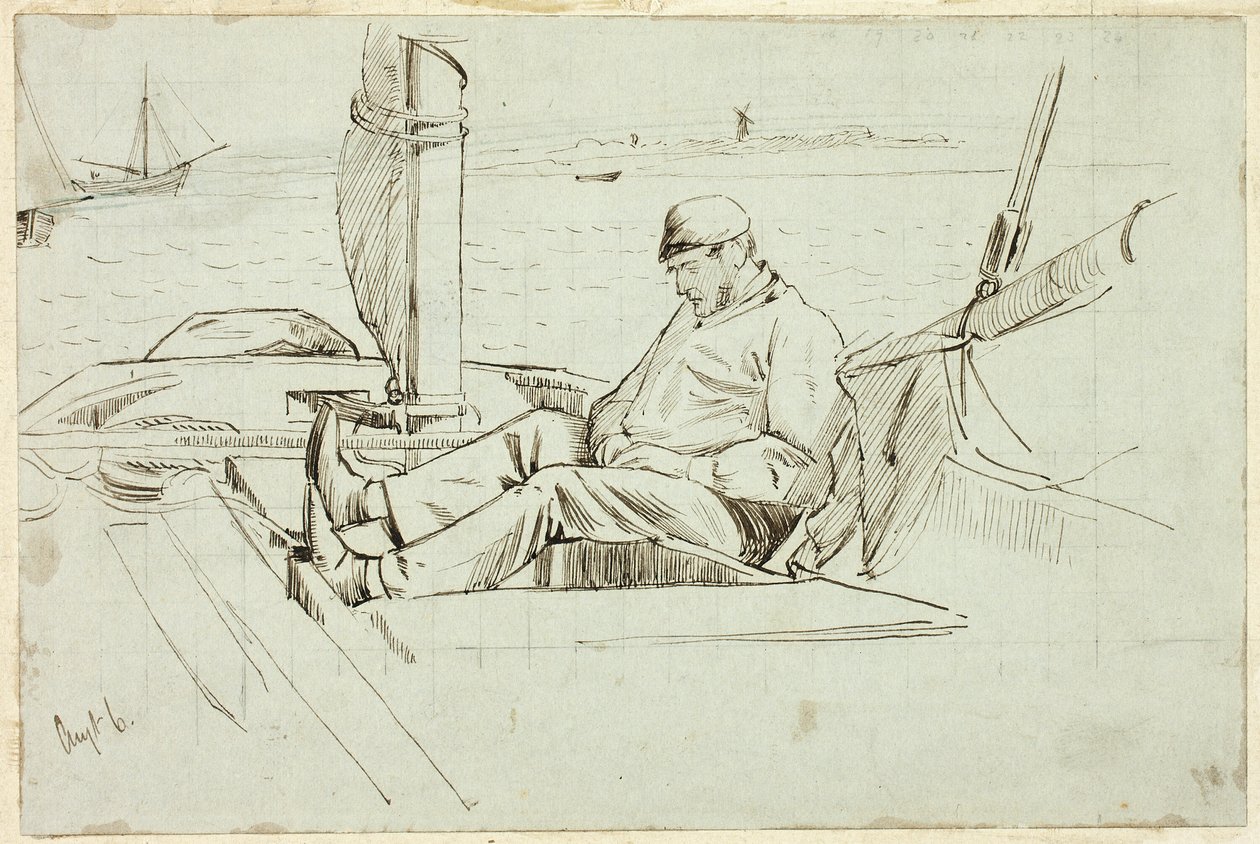 Man zittend in een zeilboot door Henry Stacy Marks