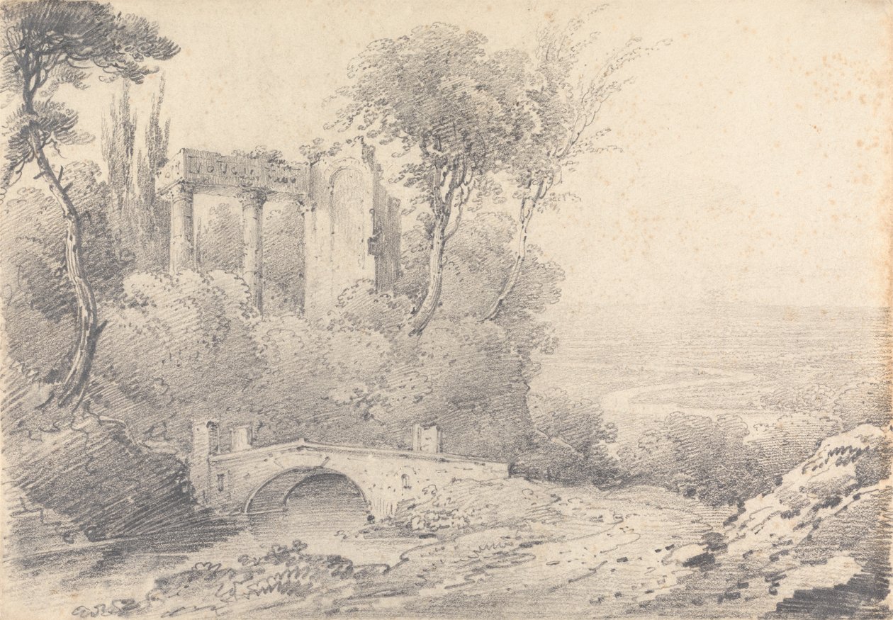 Landschap met ruïnes en brug door Henry William Burgess