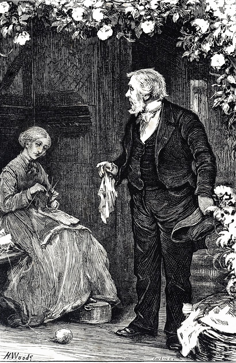 Gravure die een vrouw afbeeldt die aan het breien is door Henry Woods