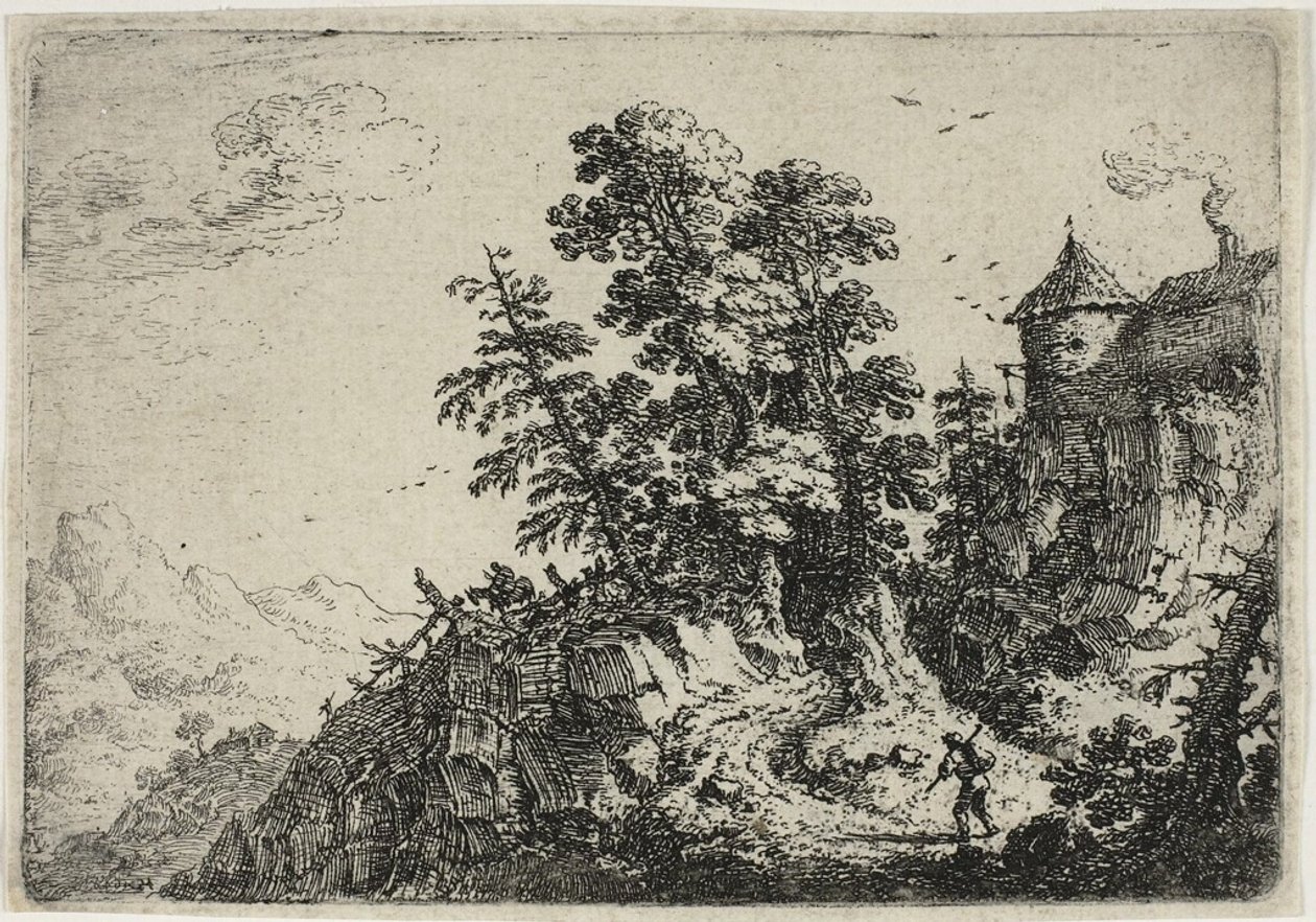 Reizigers op kronkelweg, uit Zes landschappen door Herman Saftleven