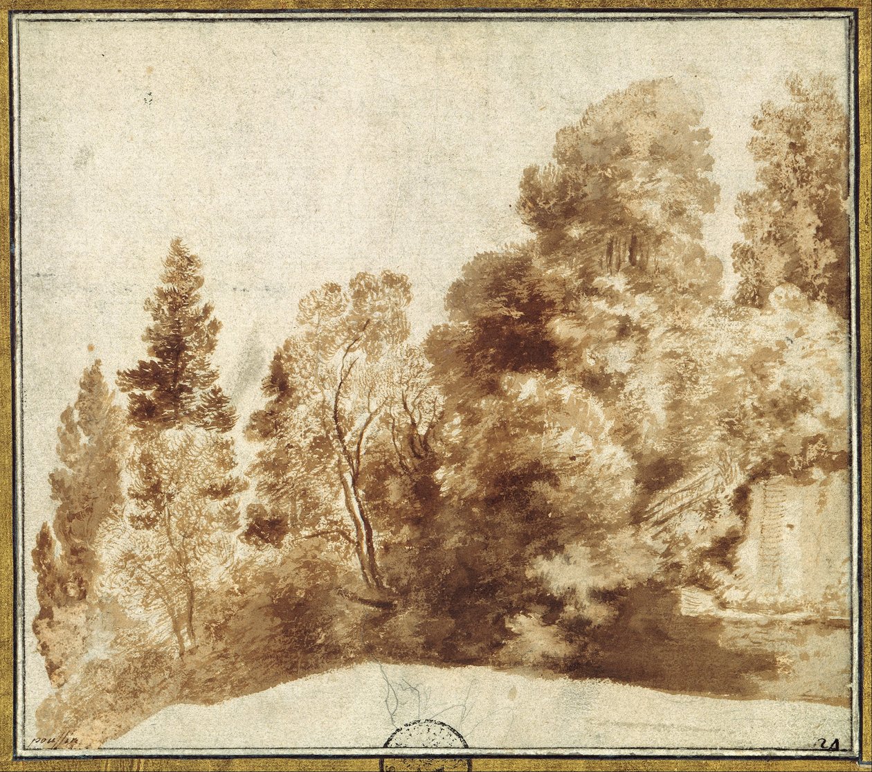 Groep bomen bij een muur door Herman van Swanevelt