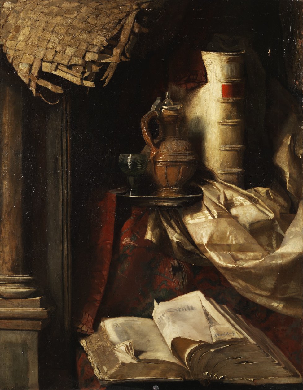 Stilleven met oude boeken, kruik en wijnglas door Hermann Kaulbach