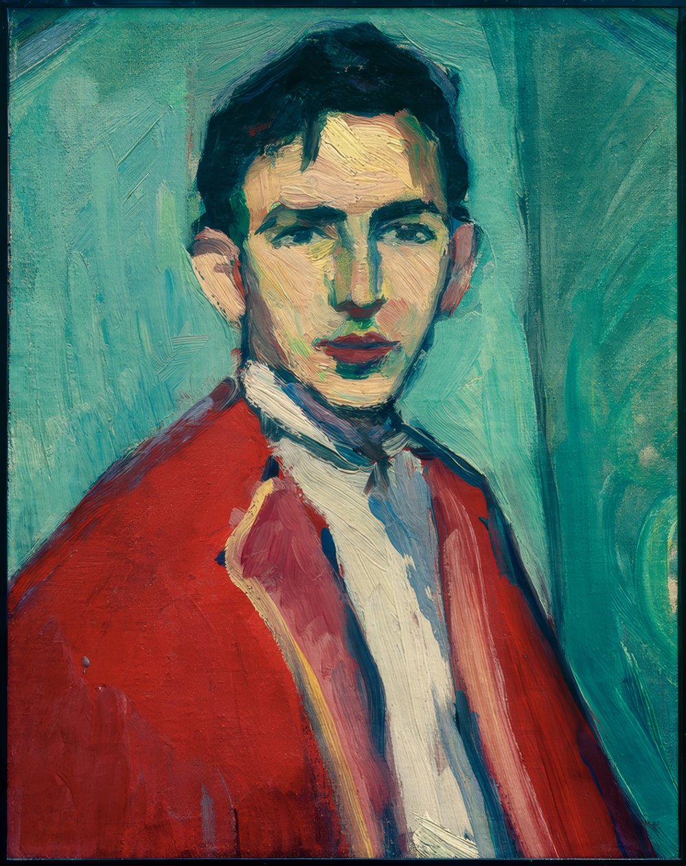 Zelfportret met rode jas door Hermann Stenner