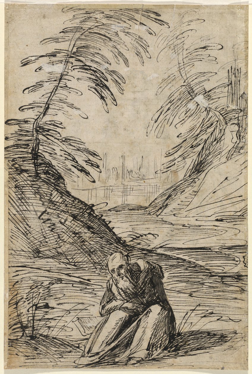 Woestijnlandschap met een Kluizenaar (verso) door Hermann Weyer